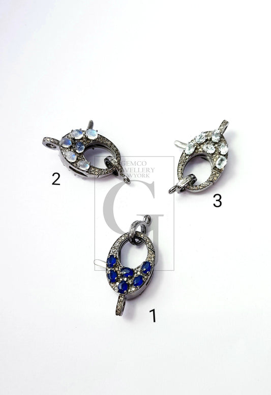 Rosecut Pave Diamond Clasp, Pave Diamond Clasp, 925 Sterling Silver Handmade Finish Color Stones Diamond Clasp With Matching Jump Ring