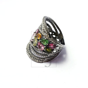 Antique Look Designer Rosecut Pave Diamond Ring 925 Sterling Silver Handmade Silver Oxidised Finish Multi Tourmaline Diamond Beautiful Ring