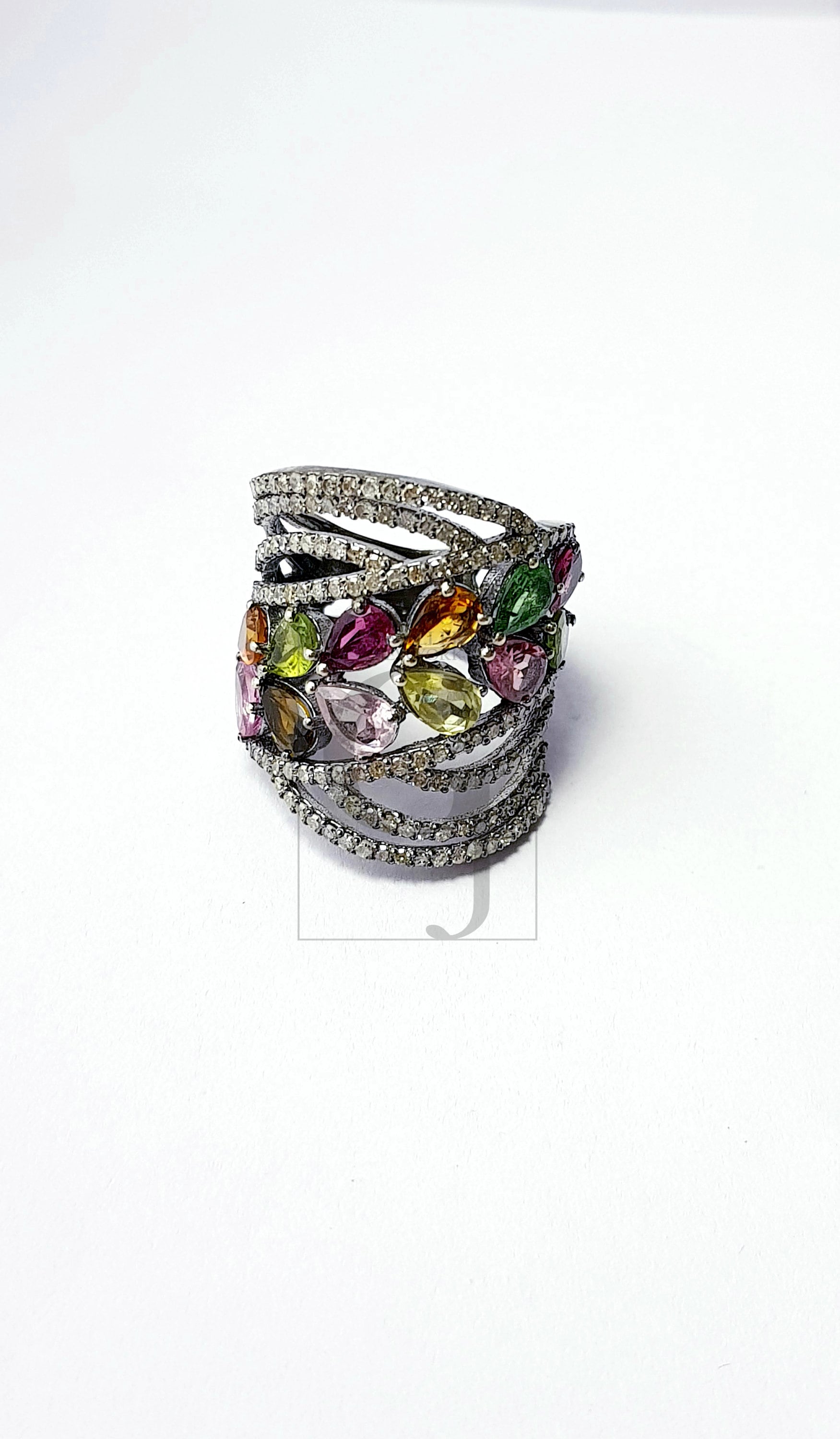 Antique Look Designer Rosecut Pave Diamond Ring 925 Sterling Silver Handmade Silver Oxidised Finish Multi Tourmaline Diamond Beautiful Ring