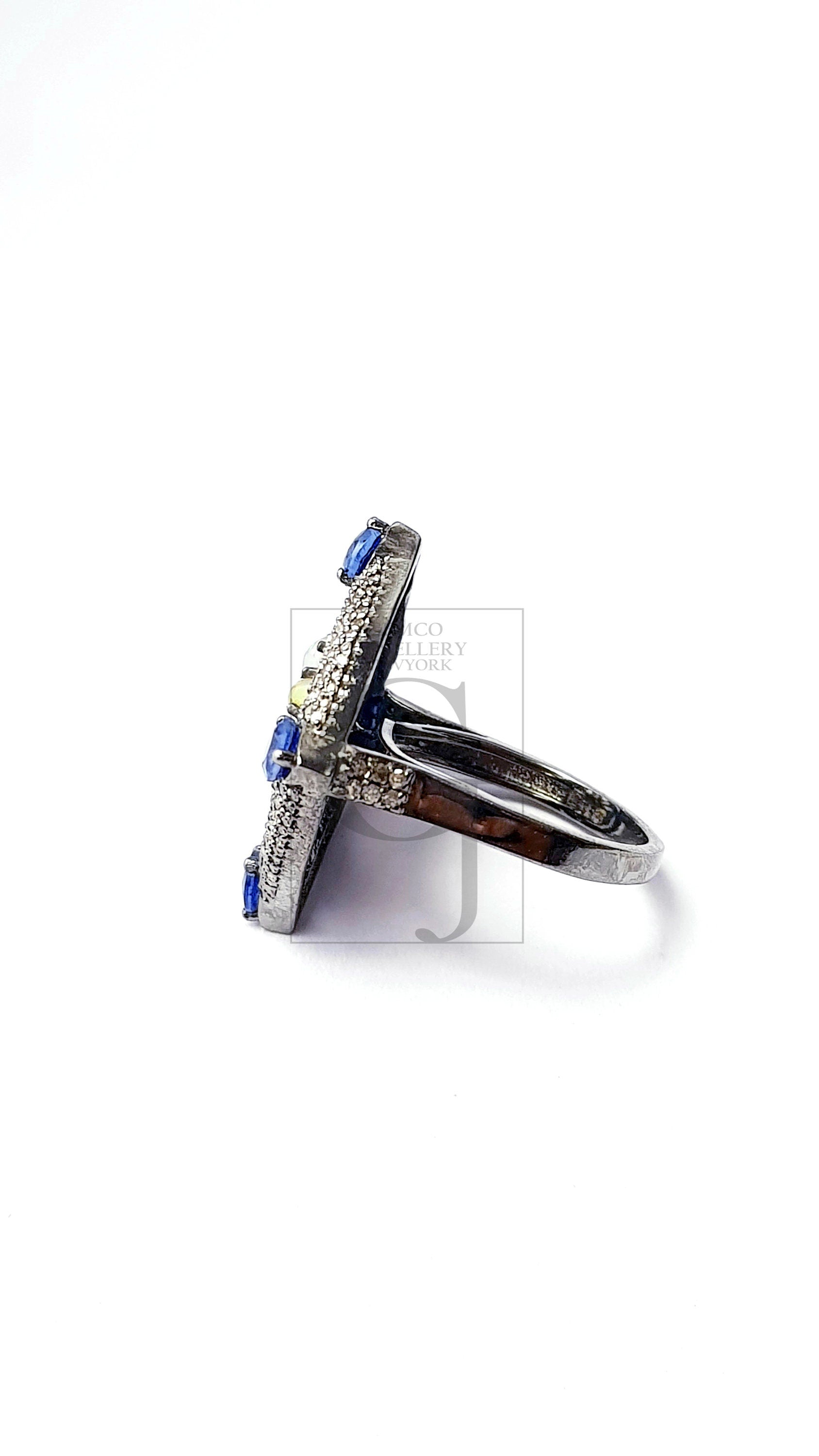 Floral designe Rosecut pave diamond ring 925 sterling silver handmade silver diamond ring, Ehopian opal kyanite stone diamond beautiful ring