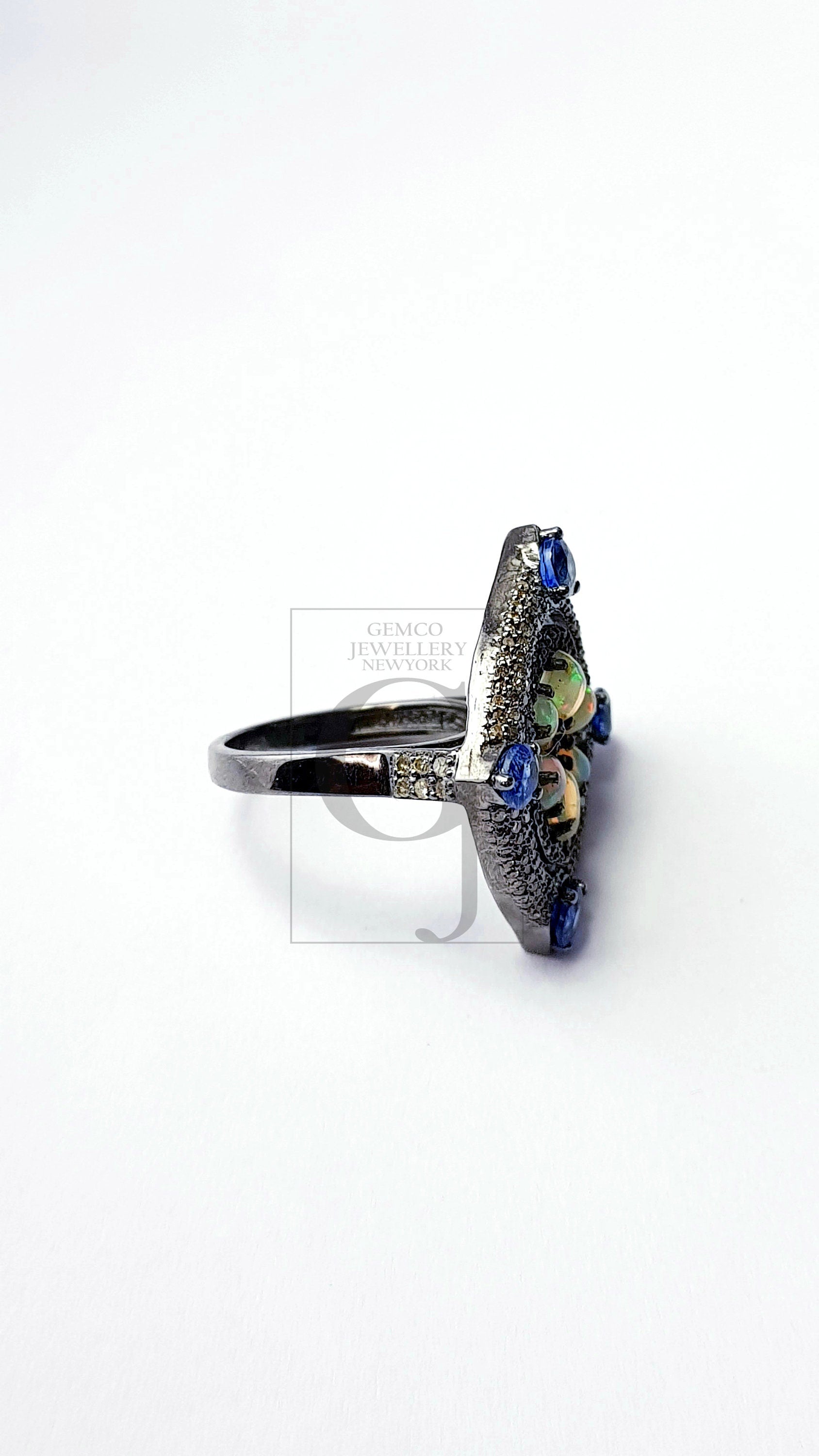 Floral designe Rosecut pave diamond ring 925 sterling silver handmade silver diamond ring, Ehopian opal kyanite stone diamond beautiful ring