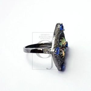 Floral designe Rosecut pave diamond ring 925 sterling silver handmade silver diamond ring, Ehopian opal kyanite stone diamond beautiful ring