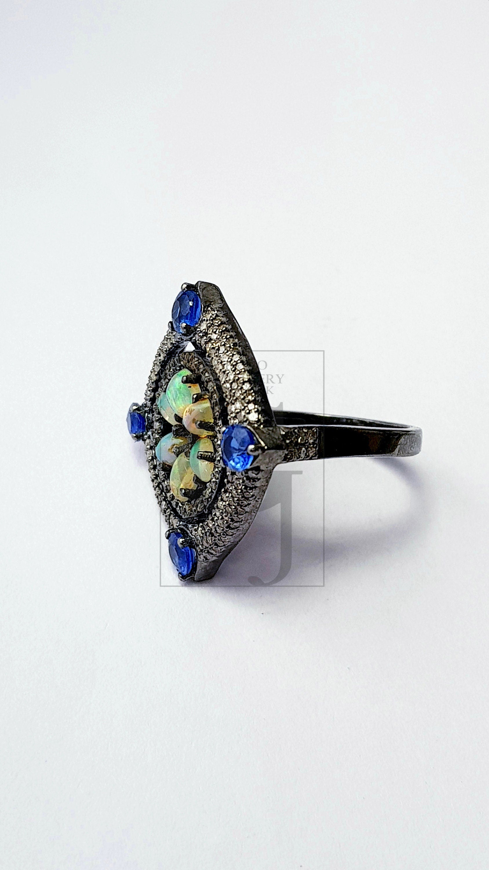 Floral designe Rosecut pave diamond ring 925 sterling silver handmade silver diamond ring, Ehopian opal kyanite stone diamond beautiful ring