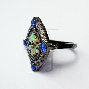 Floral designe Rosecut pave diamond ring 925 sterling silver handmade silver diamond ring, Ehopian opal kyanite stone diamond beautiful ring