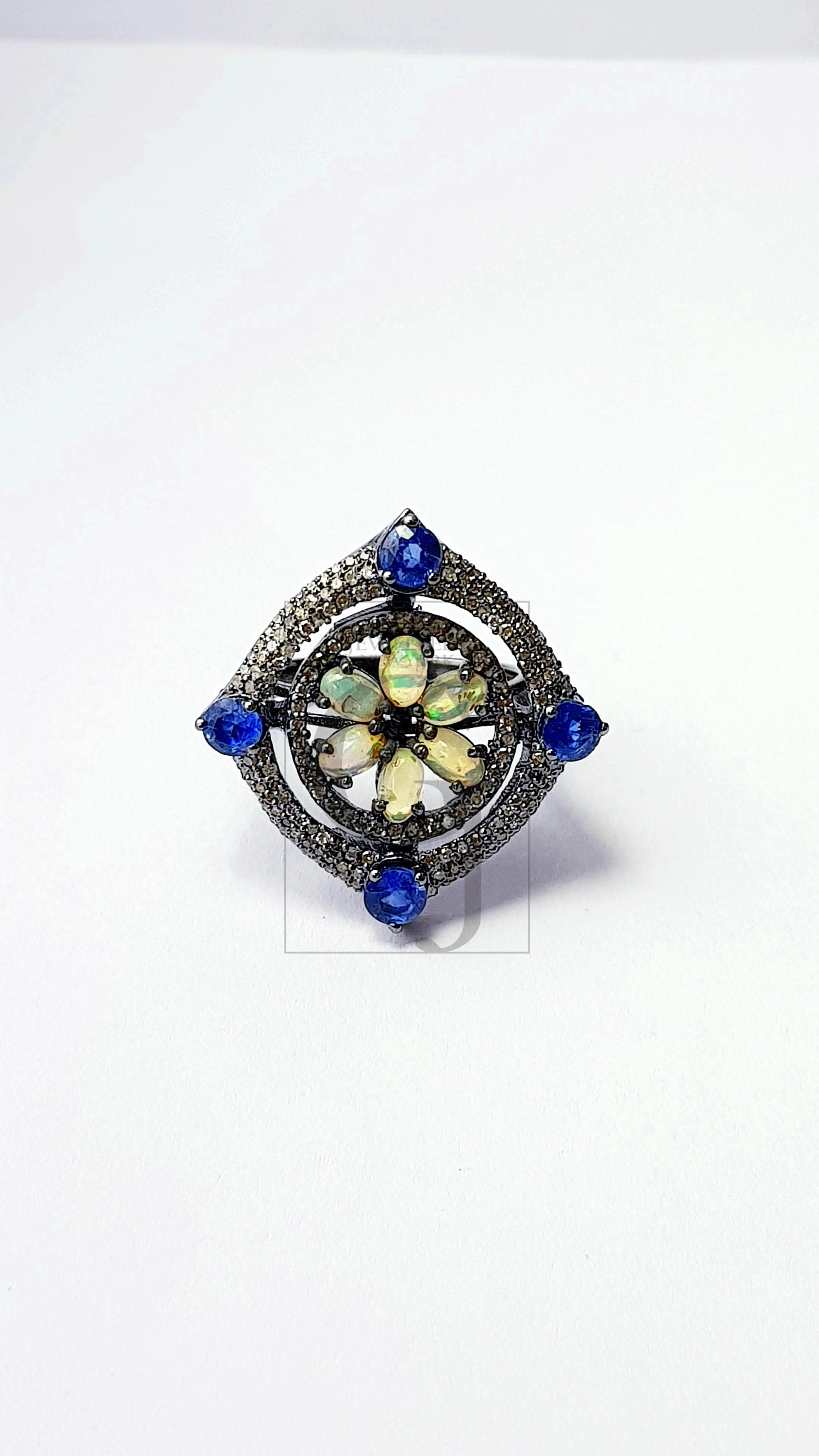 Floral designe Rosecut pave diamond ring 925 sterling silver handmade silver diamond ring, Ehopian opal kyanite stone diamond beautiful ring