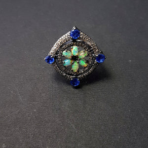 Floral designe Rosecut pave diamond ring 925 sterling silver handmade silver diamond ring, Ehopian opal kyanite stone diamond beautiful ring