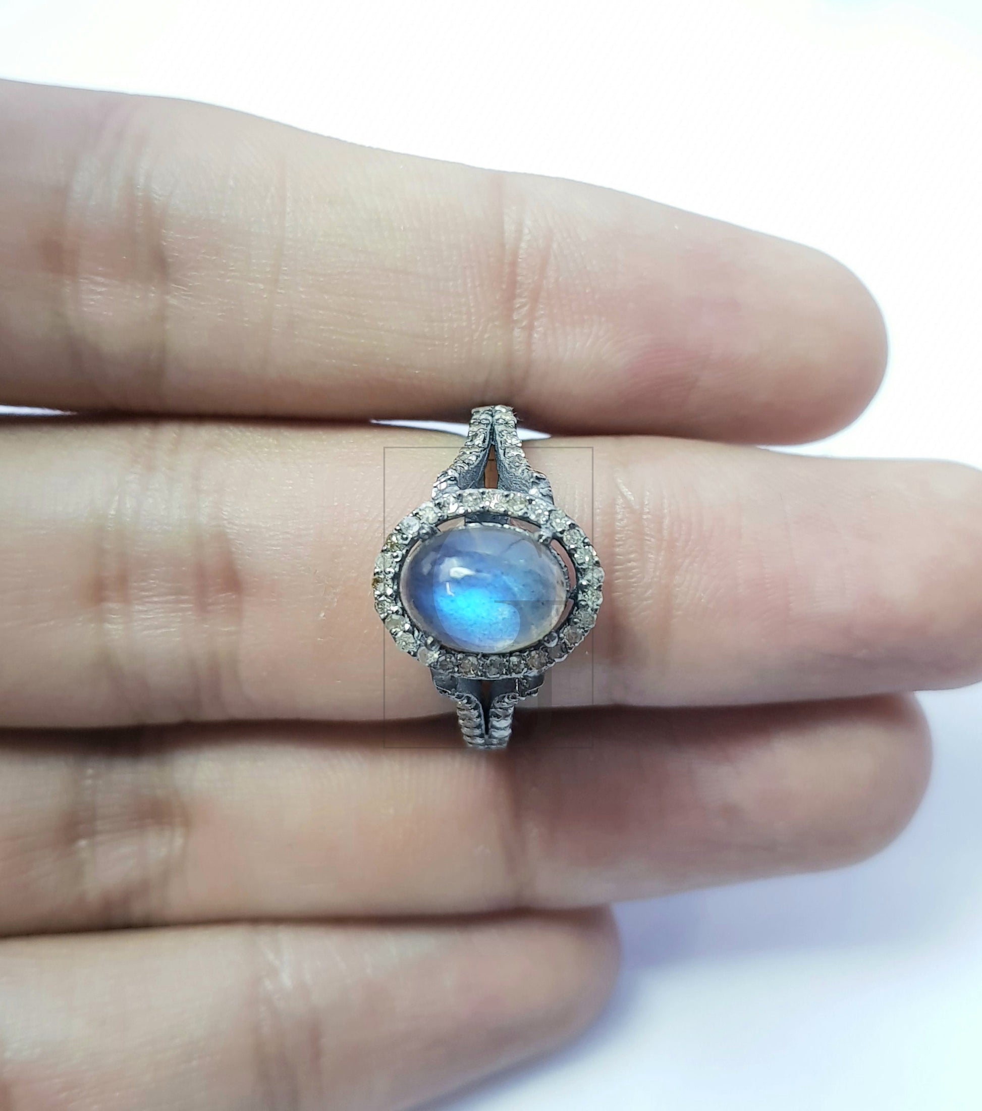 1pc beautiful fire Labradorite designer ring Rosecut pave diamond rings 925 sterling silver handmade silver finish diamond rings jewelry