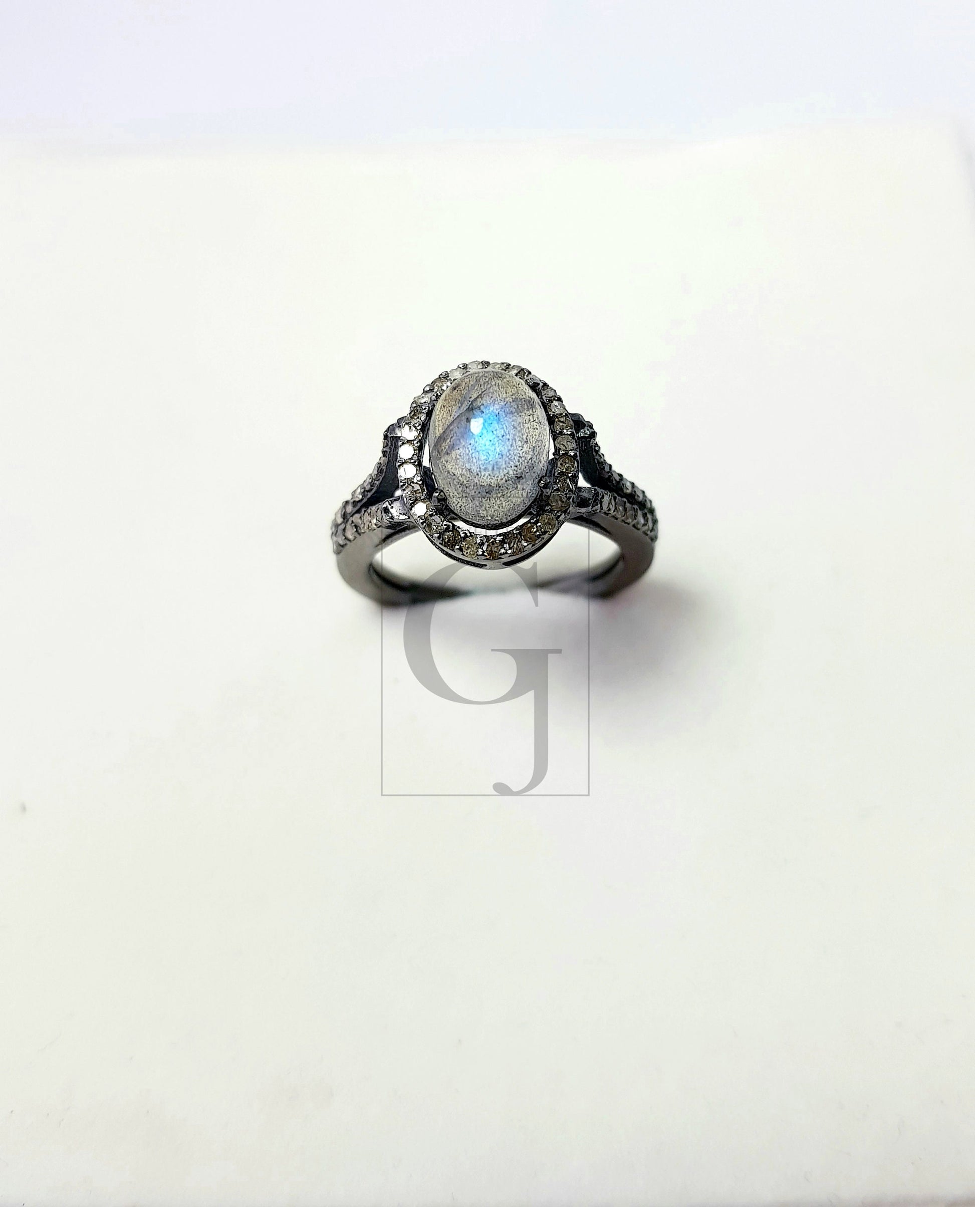 1pc beautiful fire Labradorite designer ring Rosecut pave diamond rings 925 sterling silver handmade silver finish diamond rings jewelry