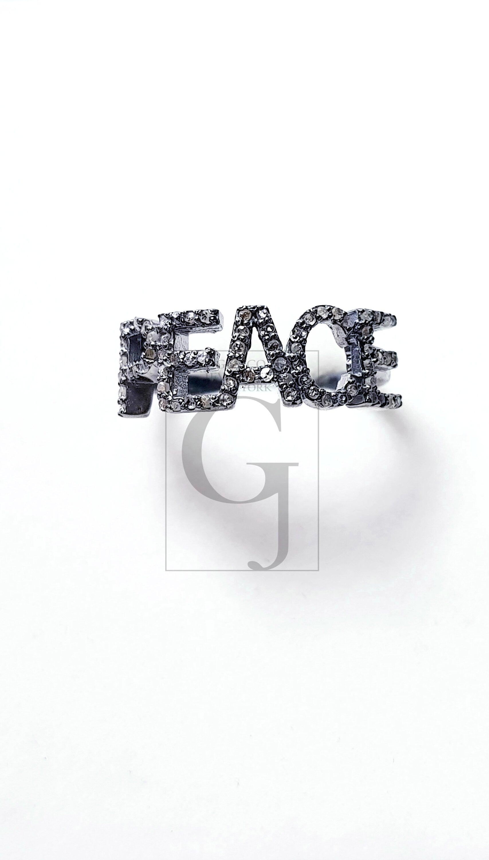 PEACE Word Saying Design Rosecut Pave Diamond Rings 925 Sterling Silver Handmade Silver Finish Fashionable Diamond Rings