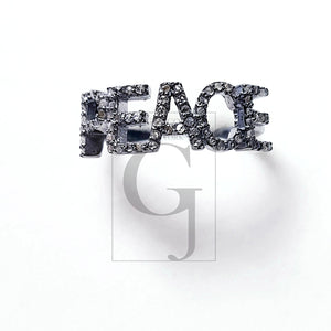 PEACE Word Saying Design Rosecut Pave Diamond Rings 925 Sterling Silver Handmade Silver Finish Fashionable Diamond Rings