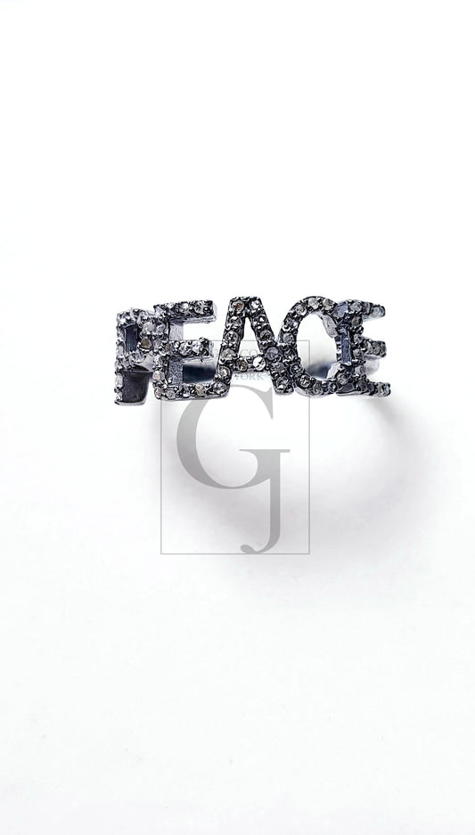 PEACE Word Saying Design Rosecut Pave Diamond Rings 925 Sterling Silver Handmade Silver Finish Fashionable Diamond Rings