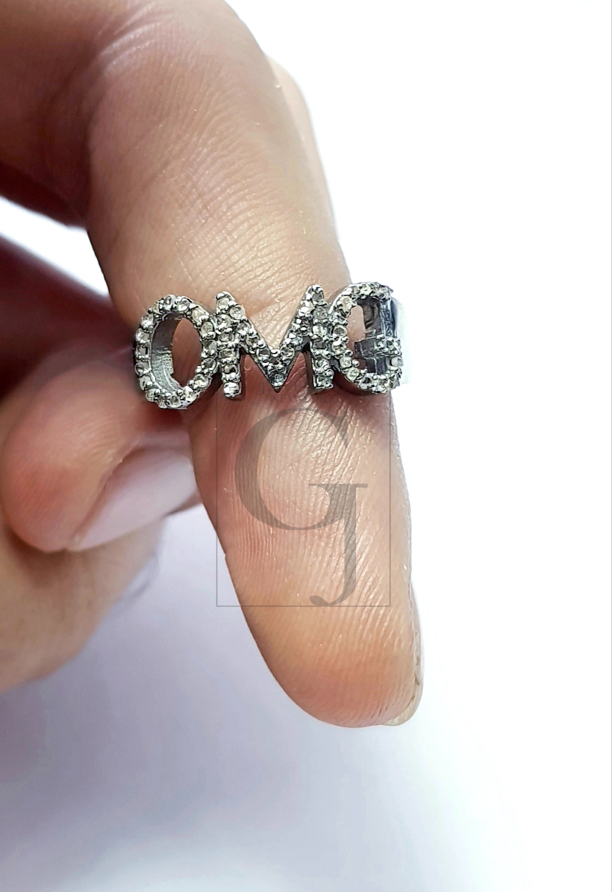 OMG ring word saying ring Rosecut pave diamond rings 925 sterling silver handmade silver finish lates design diamond rings