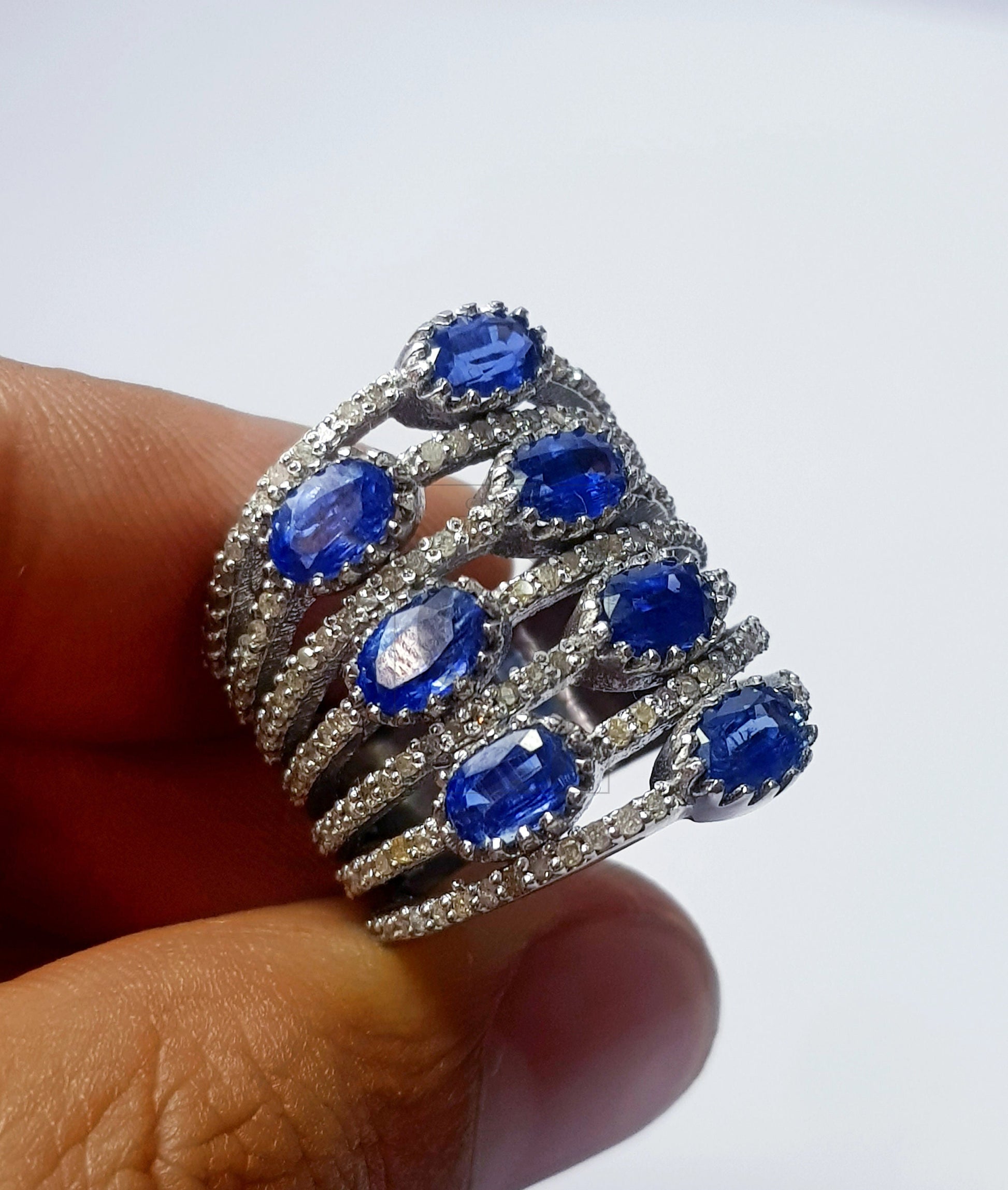 Bluesapphire colour natural kaynite stone Rocecut pave diamond rings 925 sterling silver handmade silver finish designer ring all size