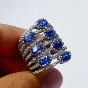 Bluesapphire colour natural kaynite stone Rocecut pave diamond rings 925 sterling silver handmade silver finish designer ring all size