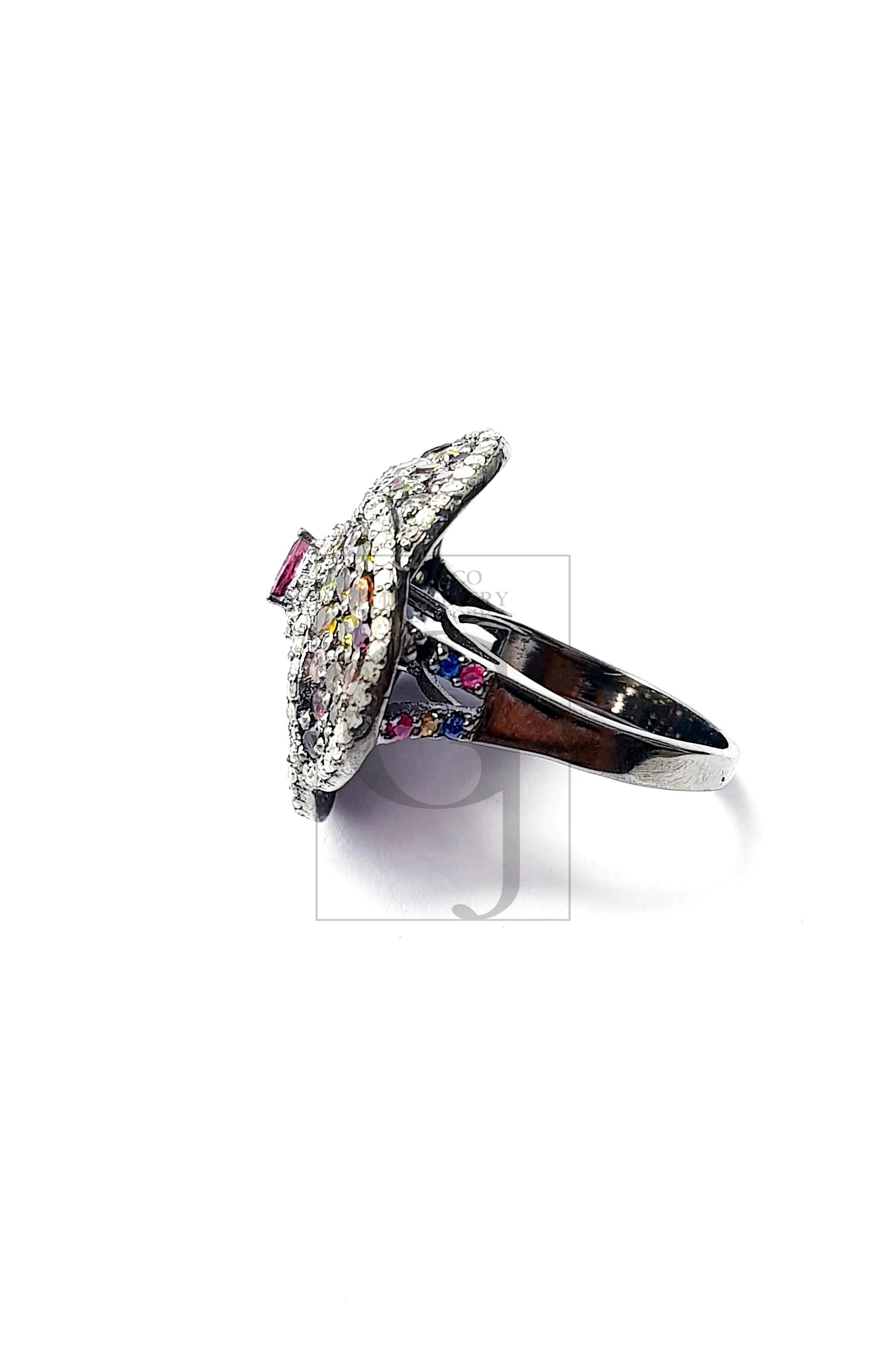 Multi coloured tourmaline stone Very beautiful Rosecut pave diamond rings 925 sterling silver handmade designer victorian look diamond rings