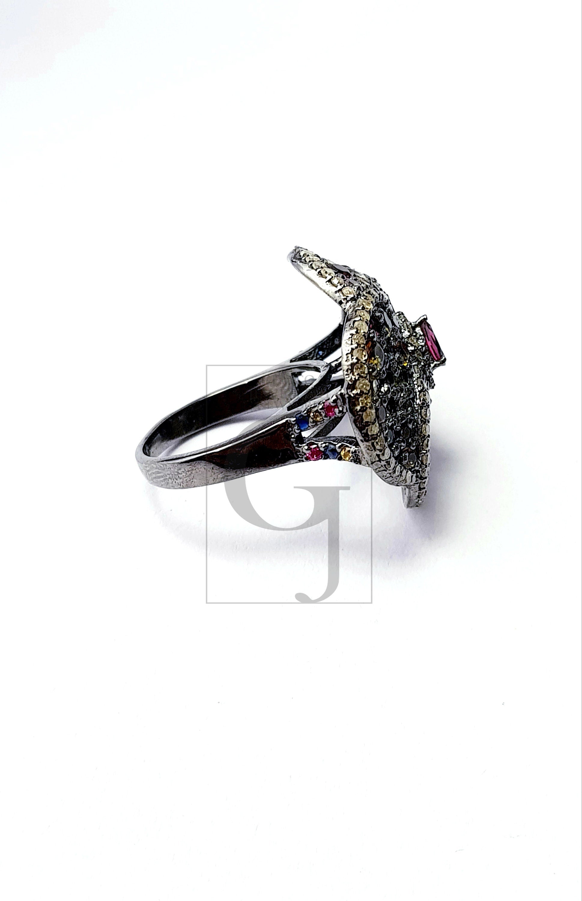 Multi coloured tourmaline stone Very beautiful Rosecut pave diamond rings 925 sterling silver handmade designer victorian look diamond rings