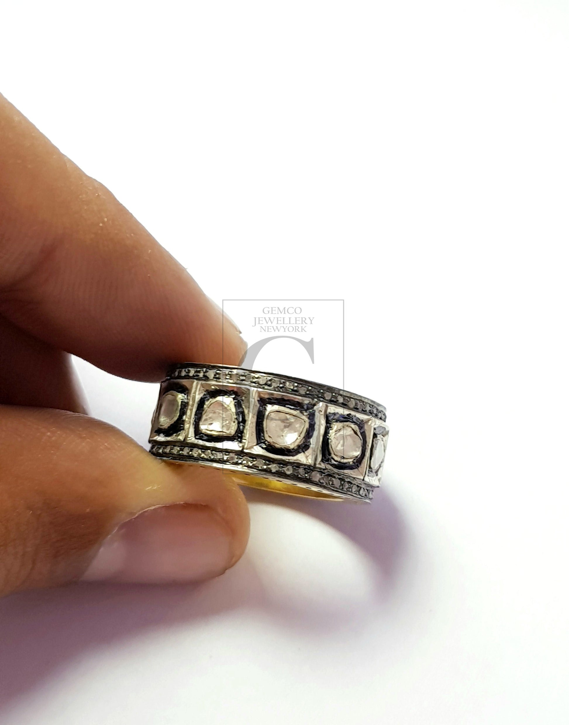 Antique Look Flat Diamond Ring Design Rosecut Pave Diamond Rings 925 Sterling Silver Handmade Silver Finish Diamond Ring