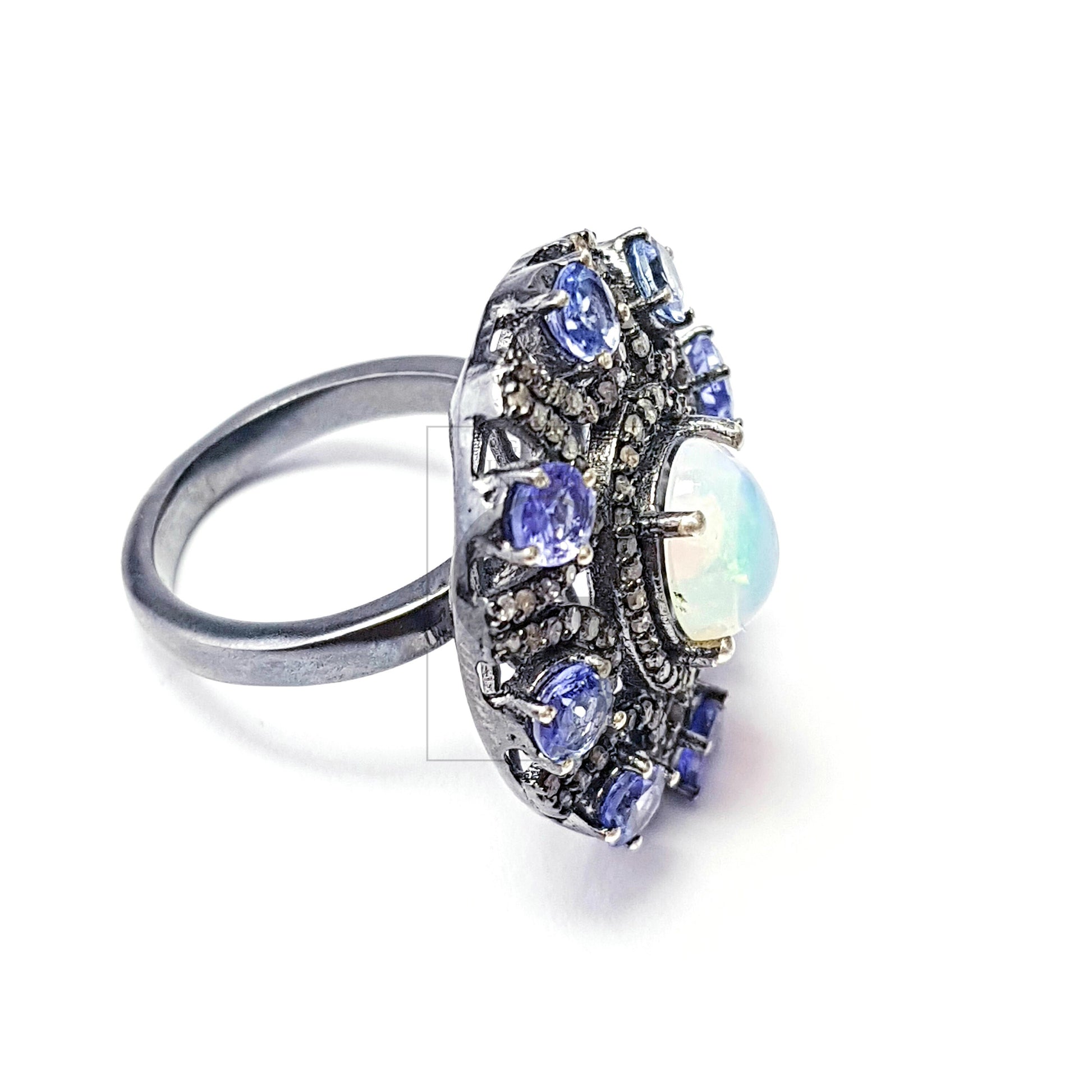 Beautiful Rocecut pave diamond rings 925 sterling silver handmade silver finish real diamond opal tanzanite in all size. diamond ring