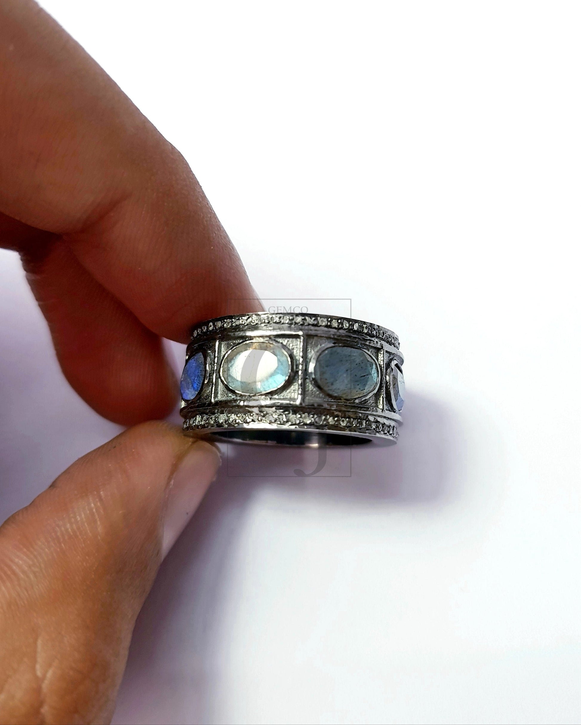 Antique Look Labradorite Ring Design Rosecut Pave Diamond Rings 925 Sterling Silver Handmade Silver Finish Diamond Ring