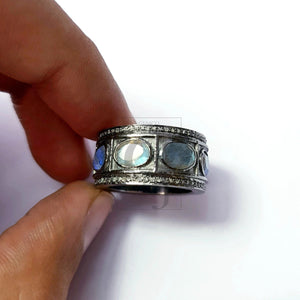 Antique Look Labradorite Ring Design Rosecut Pave Diamond Rings 925 Sterling Silver Handmade Silver Finish Diamond Ring