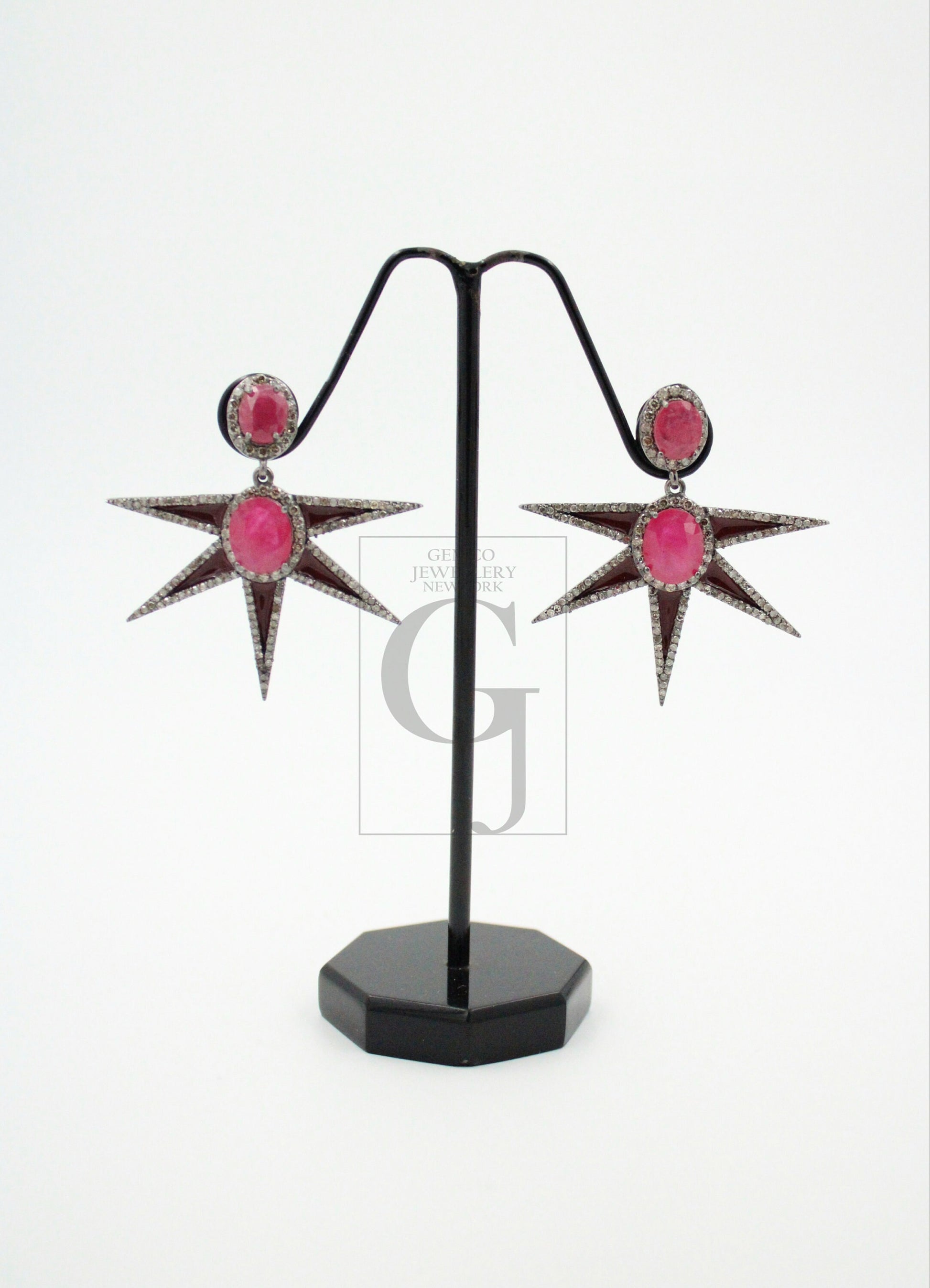 Star design ruby enameling designer earring Rosecut pave diamond earrings 925 sterling silver handmade silver finish diamond earrings
