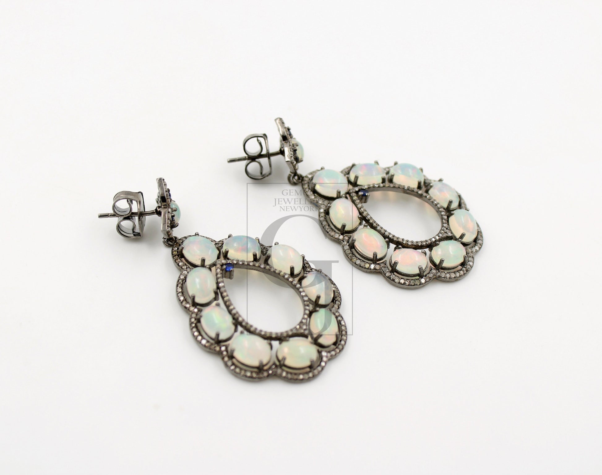 Very Beautiful Natural Opal Designer Earring Rosecut Pave Diamond Earrings 925 Sterling Silver Handmade Silver Finish Diamond Earring