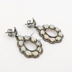 Very Beautiful Natural Opal Designer Earring Rosecut Pave Diamond Earrings 925 Sterling Silver Handmade Silver Finish Diamond Earring