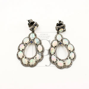 Very Beautiful Natural Opal Designer Earring Rosecut Pave Diamond Earrings 925 Sterling Silver Handmade Silver Finish Diamond Earring