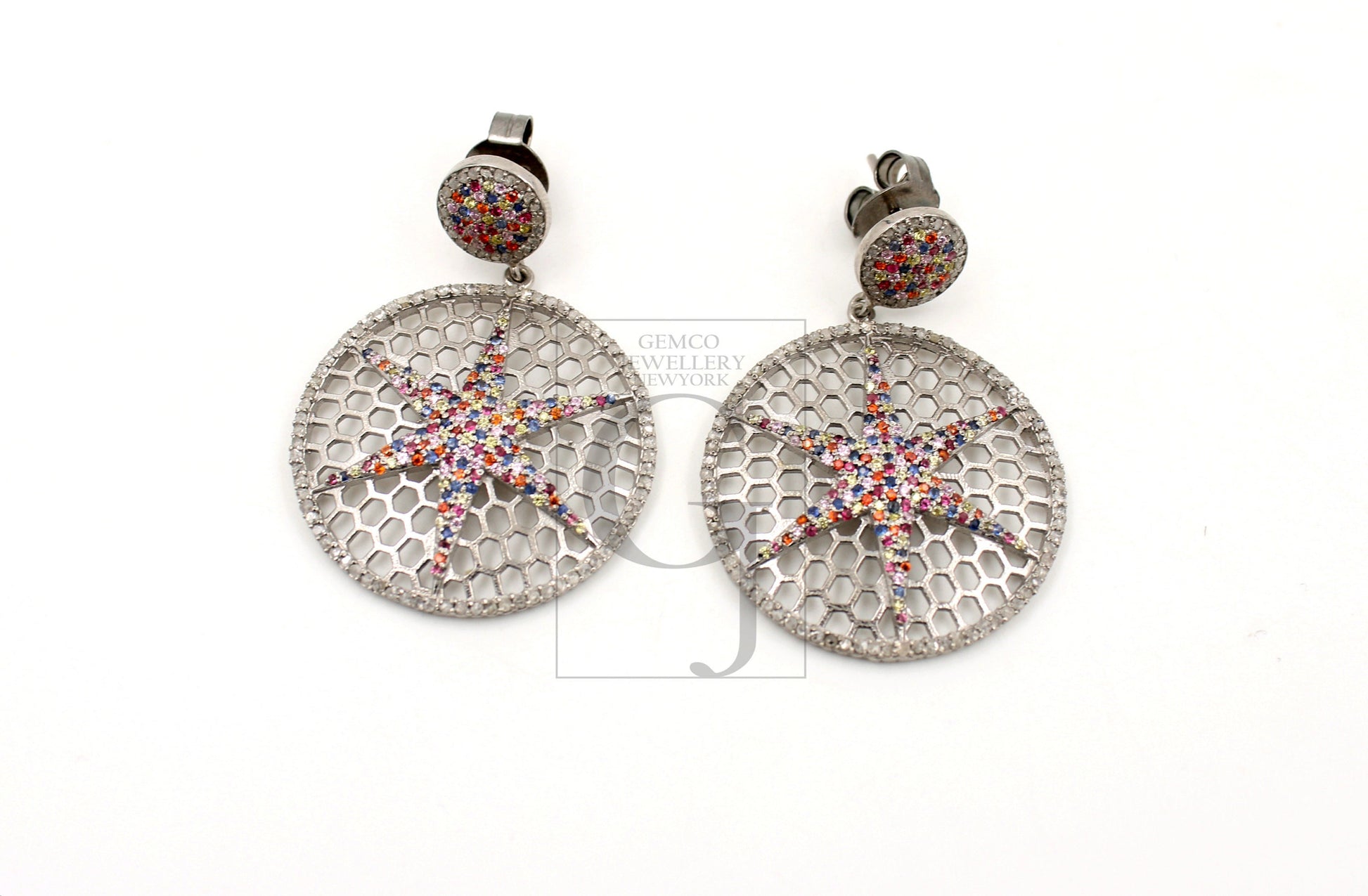 Very beautiful Multi sapphire Star designer earring Rosecut pave diamond earrings 925 sterling silver handmade silver finish diamond earring