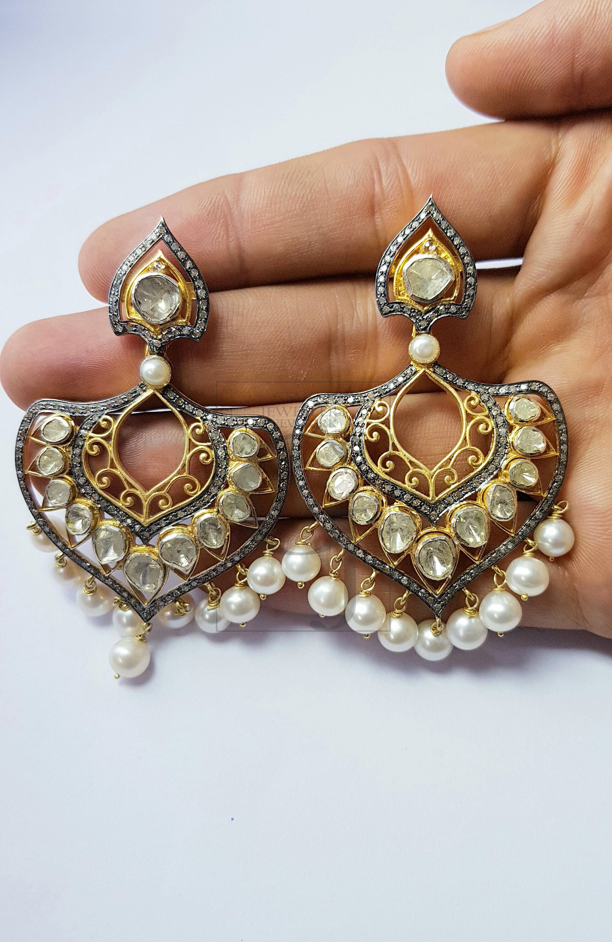 Victorian Inspired Polki Diamond Traditional Antique Look Rosecut Pave Diamonds And Pearl Earring ,Wedding Earing Flat Cut Diamond Vermeil