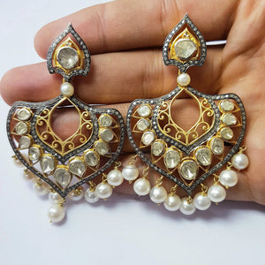 Victorian Inspired Polki Diamond Traditional Antique Look Rosecut Pave Diamonds And Pearl Earring ,Wedding Earing Flat Cut Diamond Vermeil