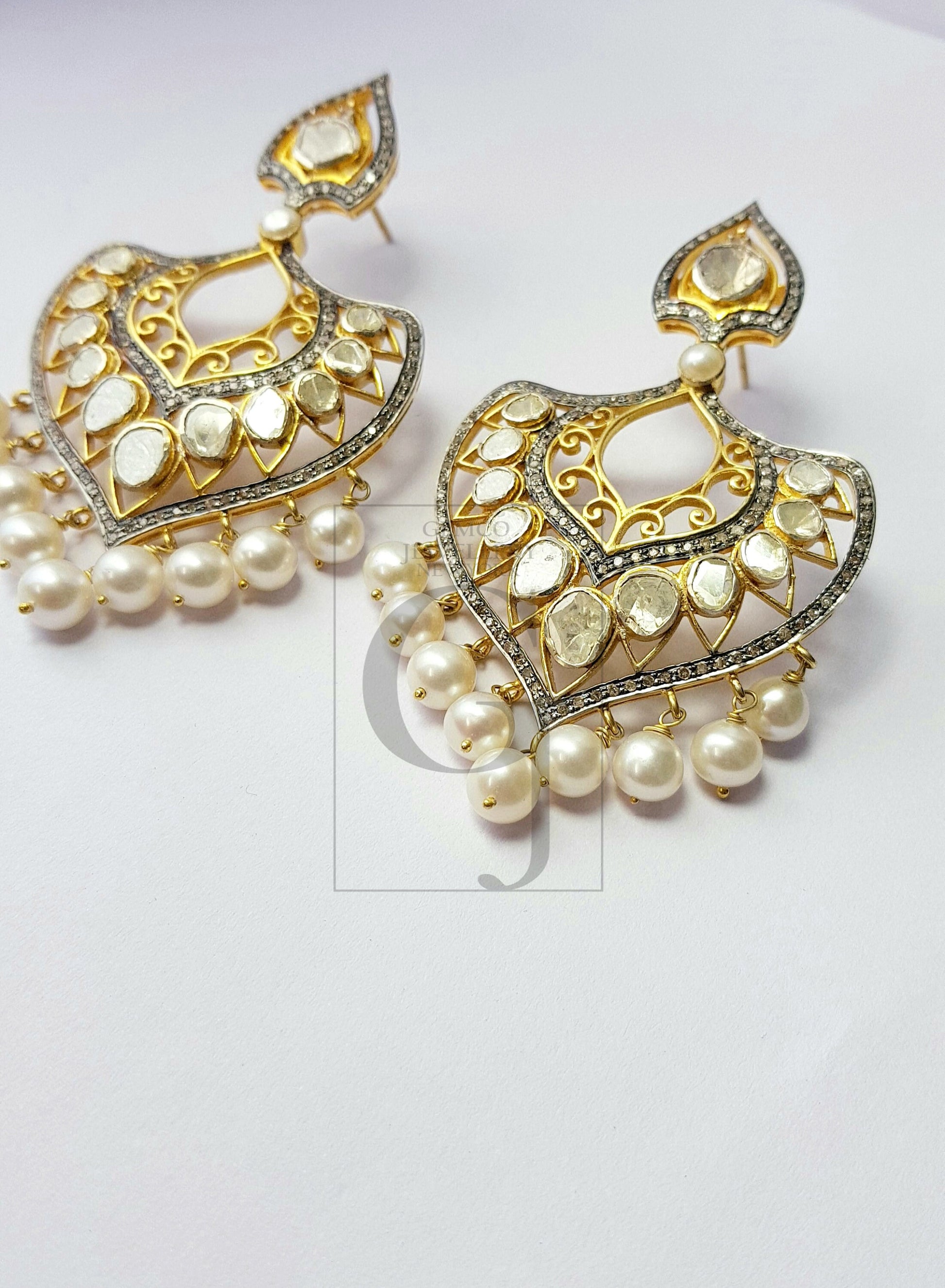 Victorian Inspired Polki Diamond Traditional Antique Look Rosecut Pave Diamonds And Pearl Earring ,Wedding Earing Flat Cut Diamond Vermeil