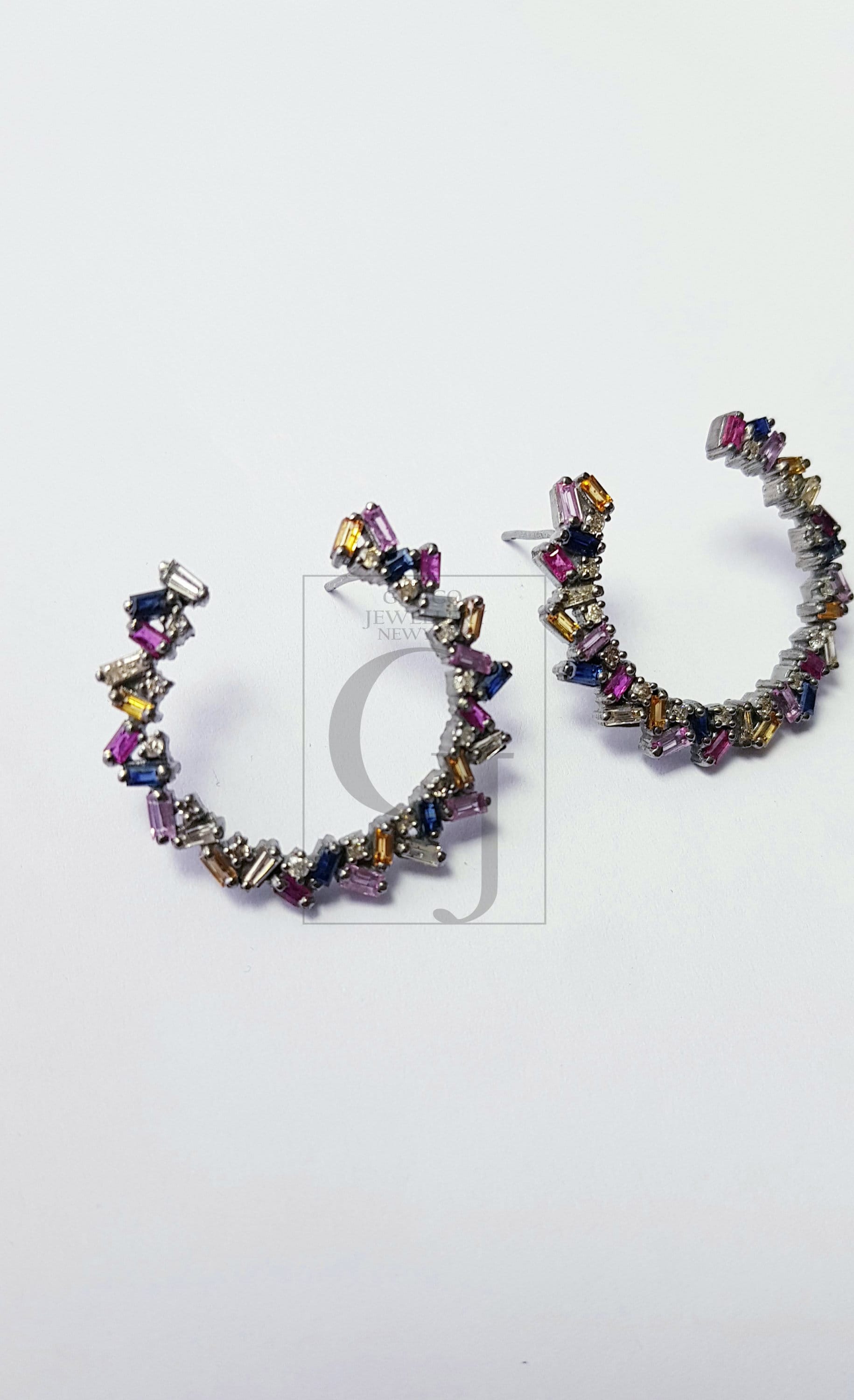 Natural multi colored sapphire stone baguettes hoop style rosecut pave setting diamond sterling silver earring ,antique look hoop earring
