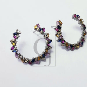 Natural multi colored sapphire stone baguettes hoop style rosecut pave setting diamond sterling silver earring ,antique look hoop earring