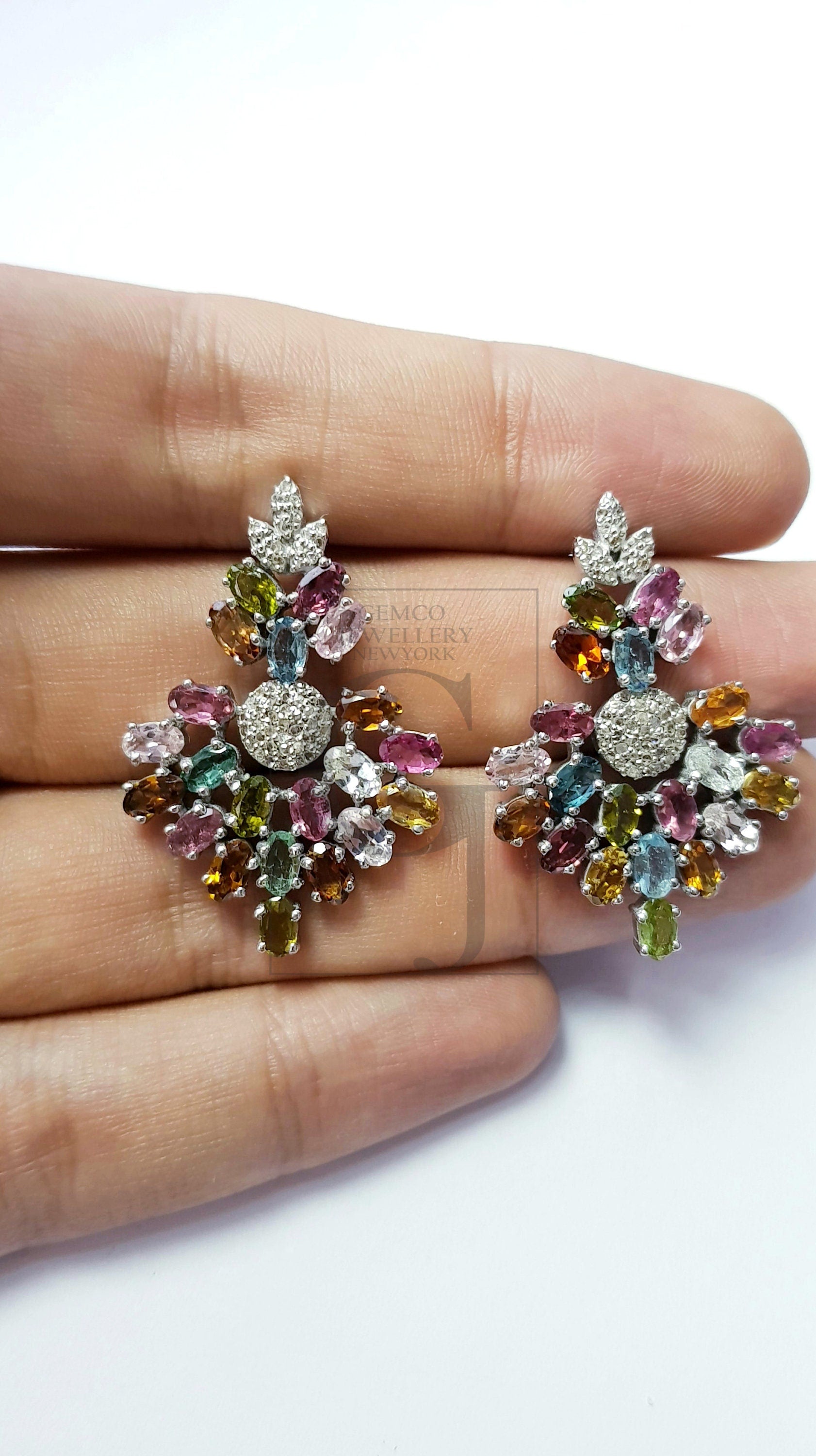 Natural multi colored tourmaline stone with rosecut diamond pave setting diamond earring designer one of a kind unique design earring