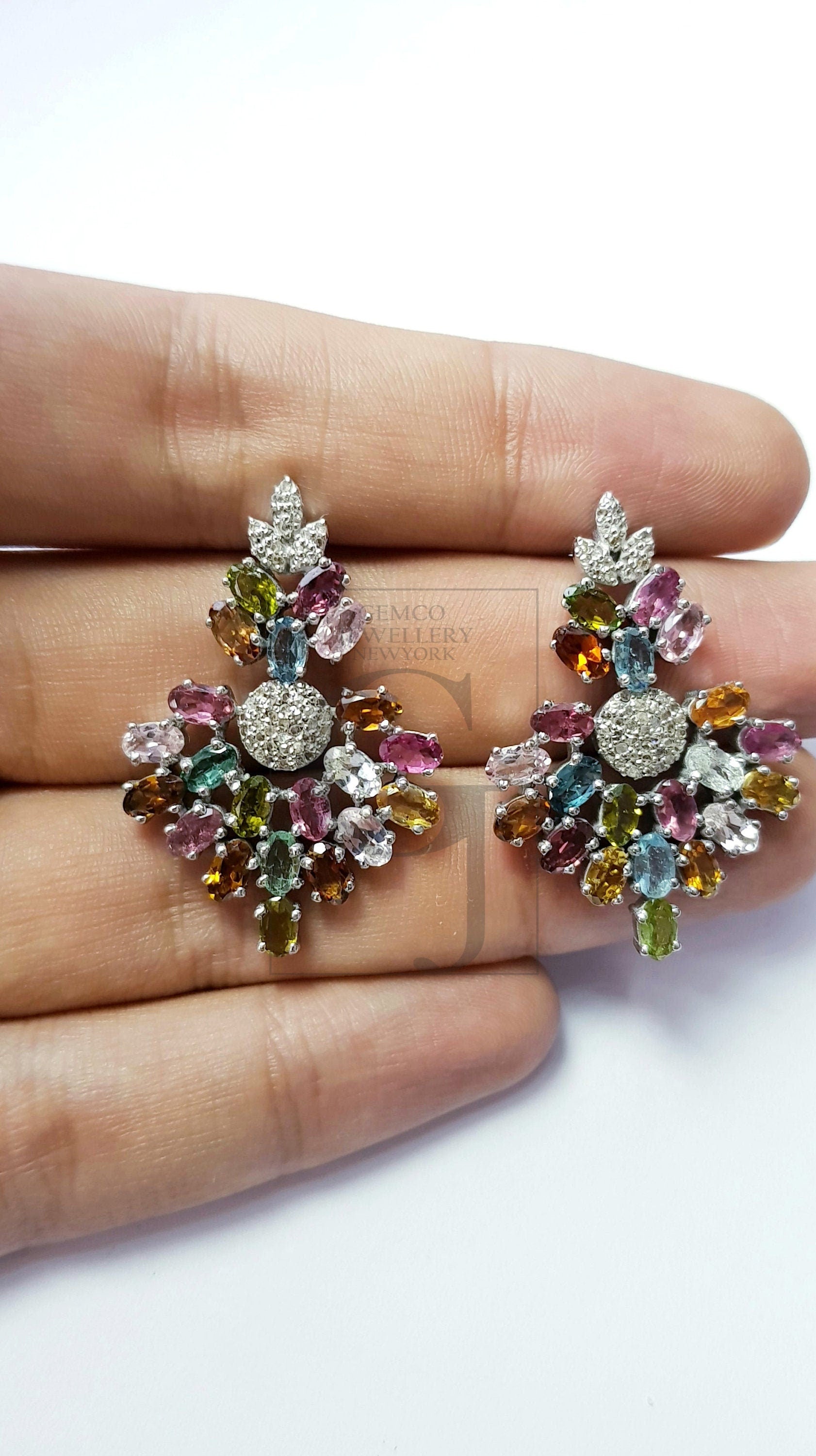 Natural multi colored tourmaline stone with rosecut diamond pave setting diamond earring designer one of a kind unique design earring