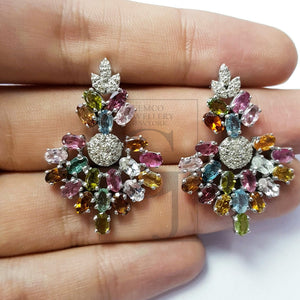 Natural multi colored tourmaline stone with rosecut diamond pave setting diamond earring designer one of a kind unique design earring