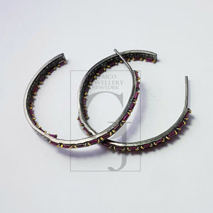 Natural Ruby Stone Baguettes Hoop Style Rosecut Pave Setting Diamond Sterling Silver Earring ,Antique look Designer Hoop Earring