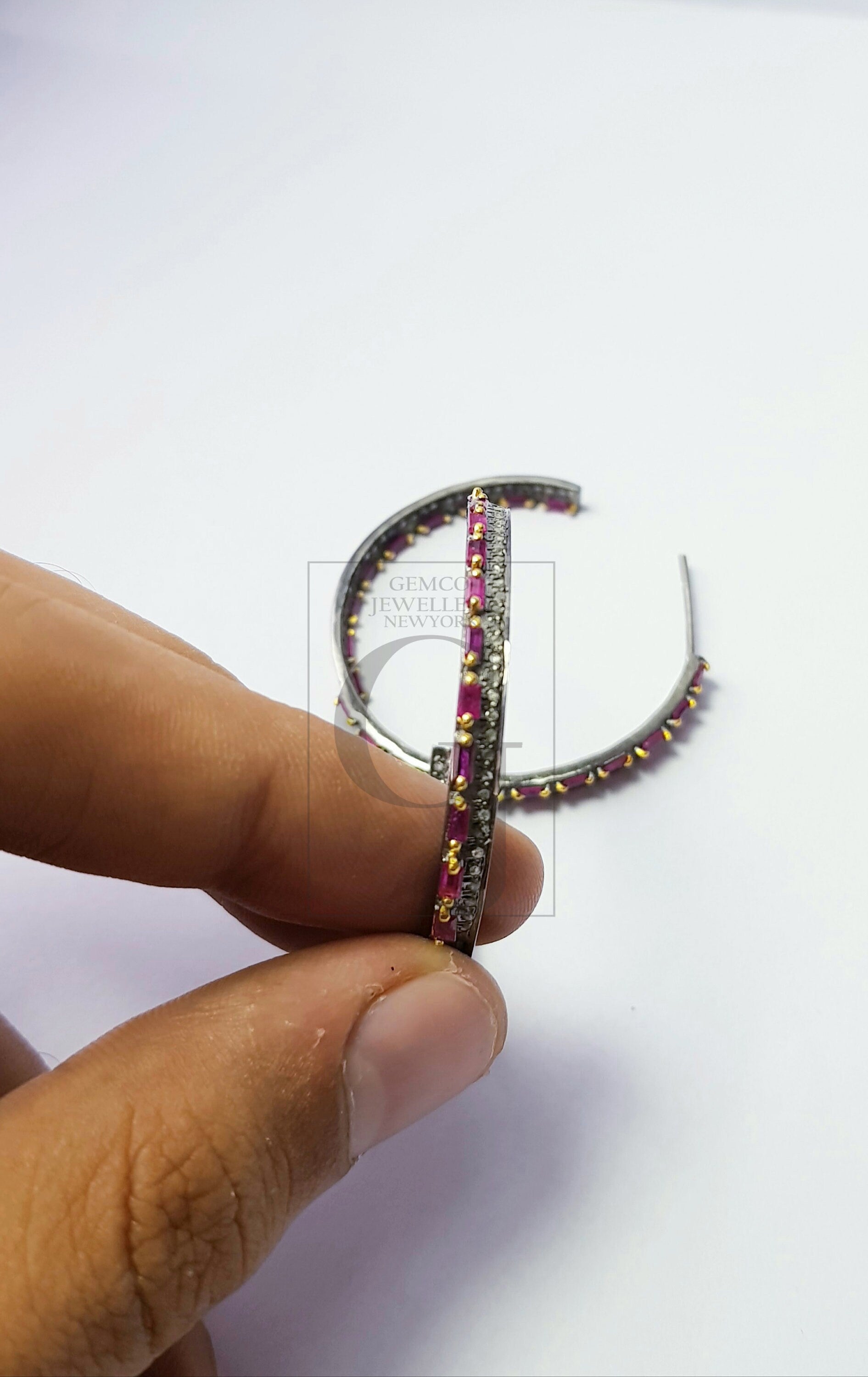 Natural Ruby Stone Baguettes Hoop Style Rosecut Pave Setting Diamond Sterling Silver Earring ,Antique look Designer Hoop Earring