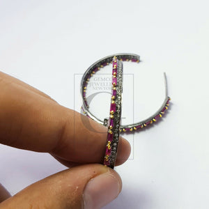 Natural Ruby Stone Baguettes Hoop Style Rosecut Pave Setting Diamond Sterling Silver Earring ,Antique look Designer Hoop Earring