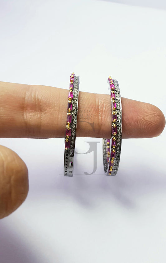 Natural Ruby Stone Baguettes Hoop Style Rosecut Pave Setting Diamond Sterling Silver Earring ,Antique look Designer Hoop Earring