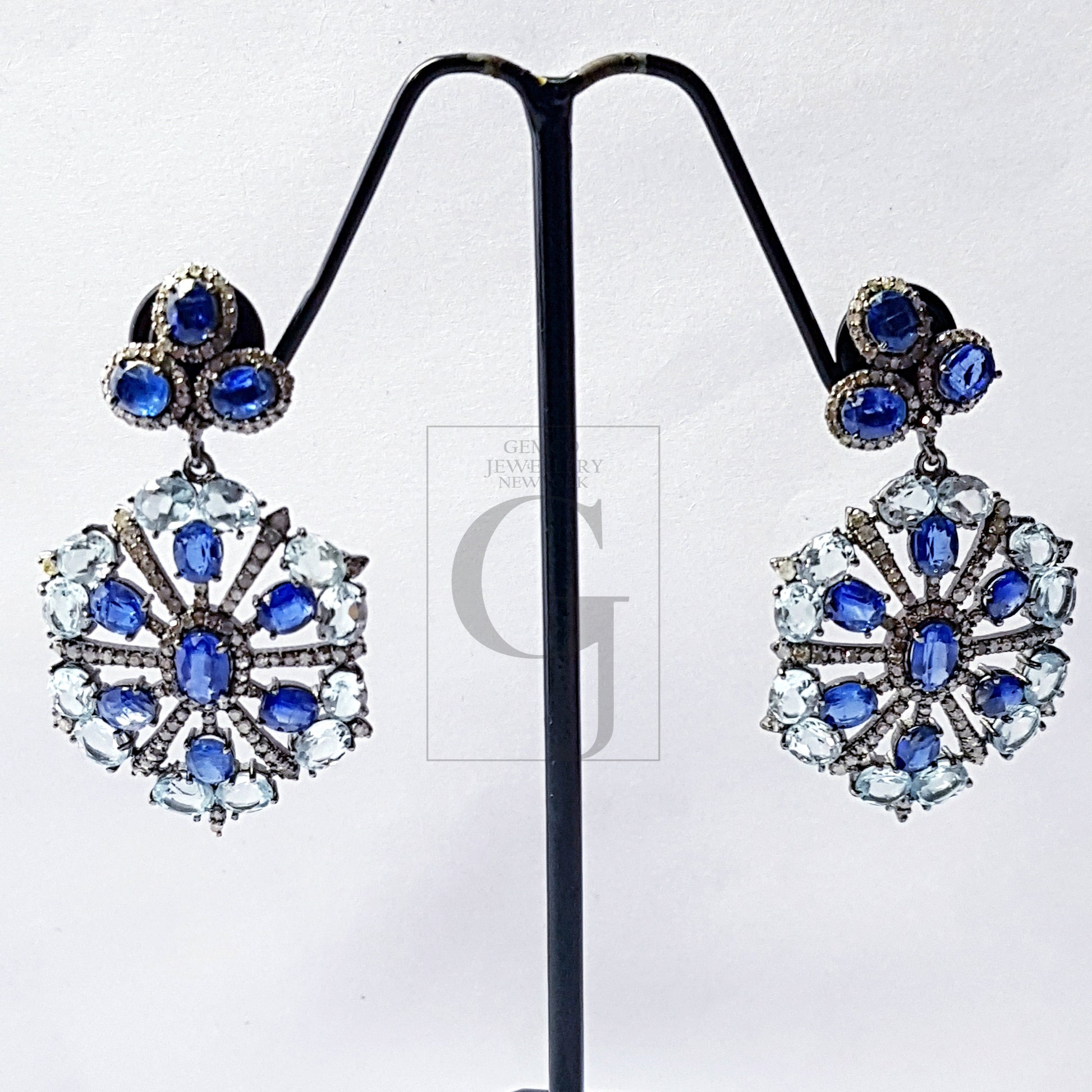 Beautiful Designed Earrings With Blue Topaz And Kaynite Stone Pave Rosecut Diamond 925 Sterling Silver Handmade Pave Diamond Earring