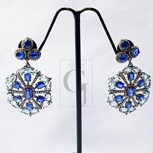 Beautiful Designed Earrings With Blue Topaz And Kaynite Stone Pave Rosecut Diamond 925 Sterling Silver Handmade Pave Diamond Earring