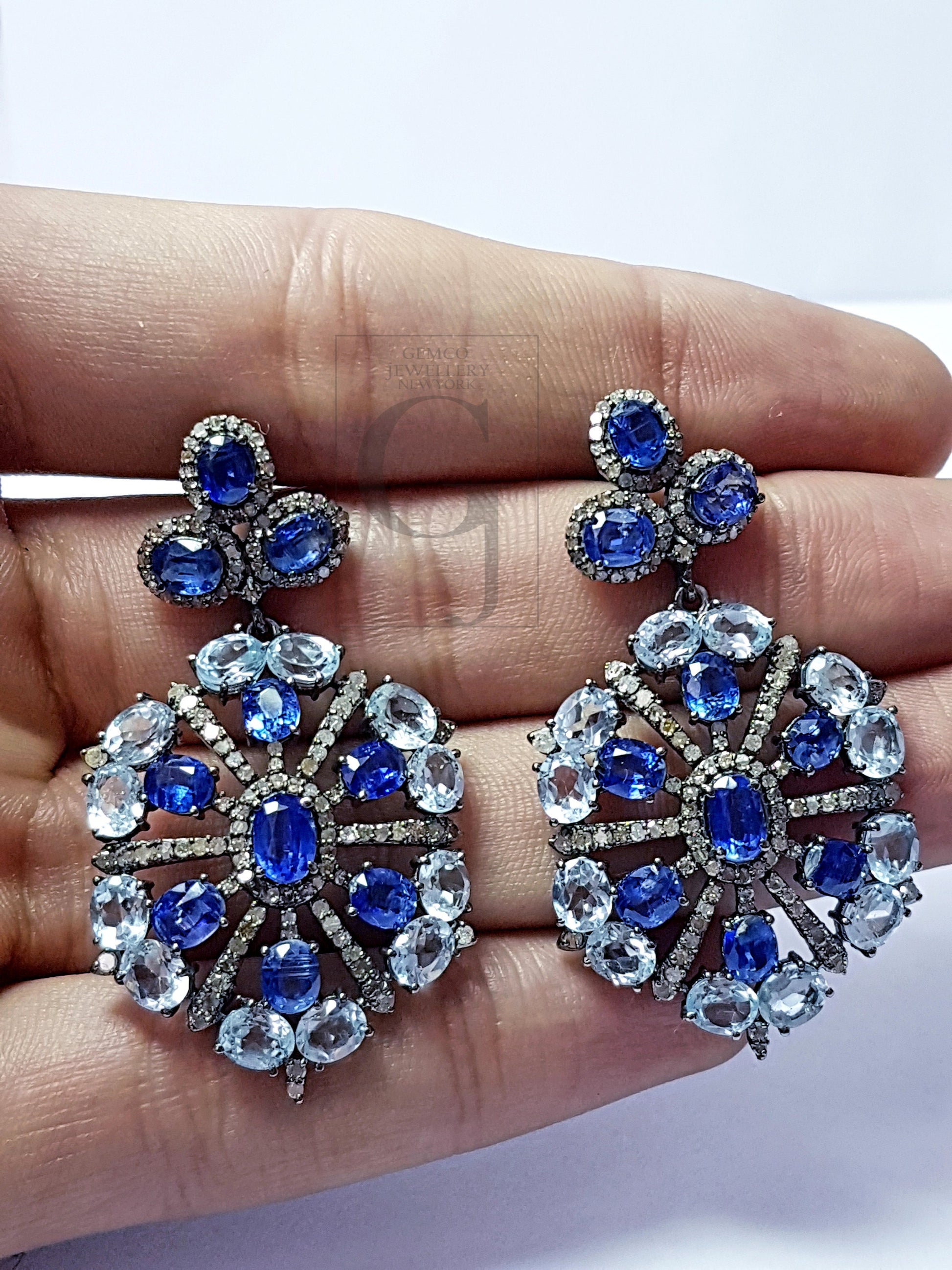 Beautiful Designed Earrings With Blue Topaz And Kaynite Stone Pave Rosecut Diamond 925 Sterling Silver Handmade Pave Diamond Earring