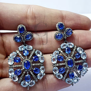 Beautiful Designed Earrings With Blue Topaz And Kaynite Stone Pave Rosecut Diamond 925 Sterling Silver Handmade Pave Diamond Earring