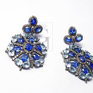 Beautiful Designed Earrings With Blue Topaz And Kaynite Stone Pave Rosecut Diamond 925 Sterling Silver Handmade Pave Diamond Earring