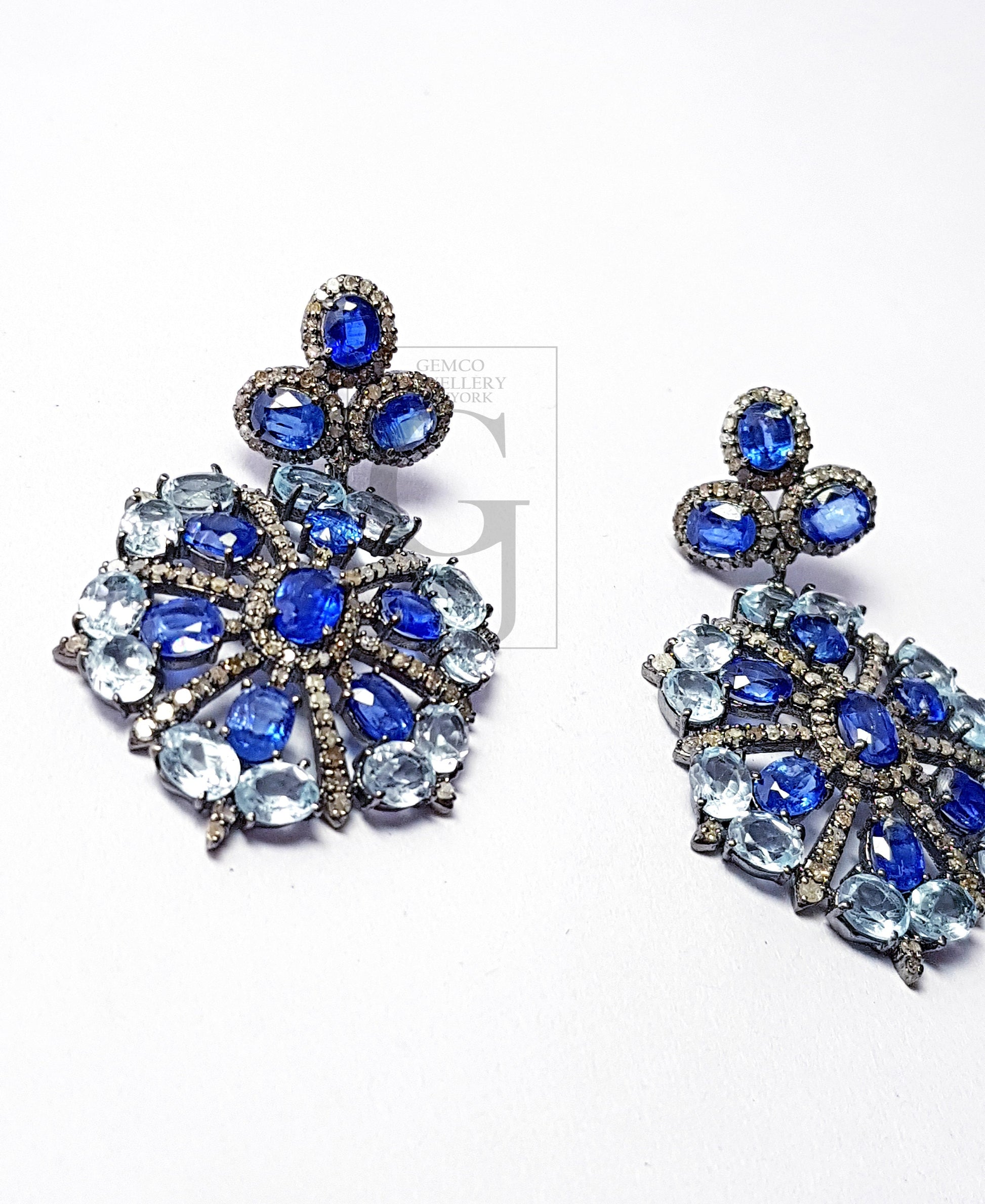 Beautiful Designed Earrings With Blue Topaz And Kaynite Stone Pave Rosecut Diamond 925 Sterling Silver Handmade Pave Diamond Earring