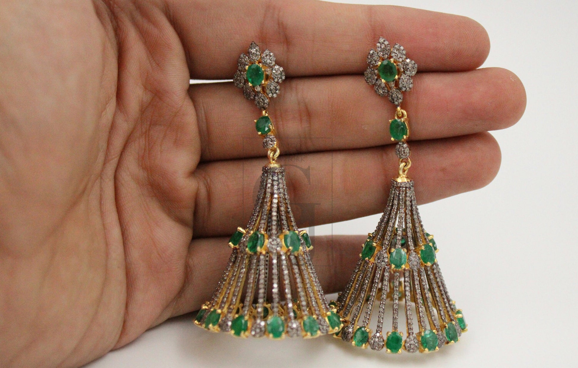 Fashionable designer emerald gold earring Rosecut pave diamond earrings 925 sterling silver handmade silver finish diamond earrings