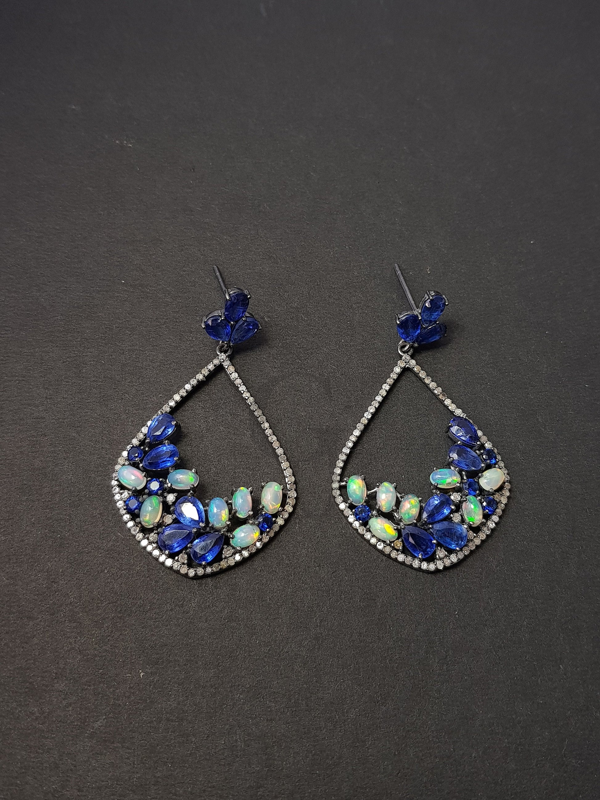 very beautiful teardrop design opal and kyanite stone Pave rosecut diamond 925 sterling silver handmade Pave diamond earring jewelry