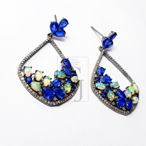 very beautiful teardrop design opal and kyanite stone Pave rosecut diamond 925 sterling silver handmade Pave diamond earring jewelry